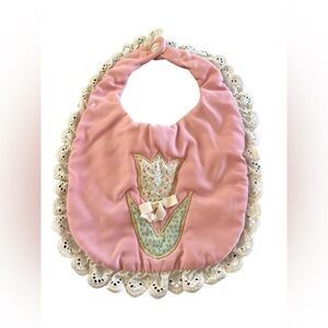 VTG Handmade Quilted Reversible Bib Tulip Flower Lace Edge Pink White Button Bow